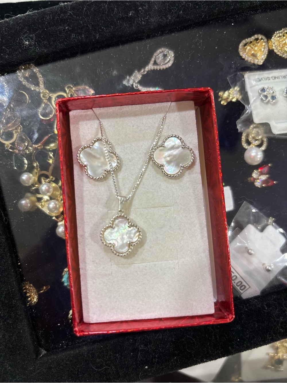 Mother-of-Pearl Clover Necklace and Stud Earrings - Silver Tone
